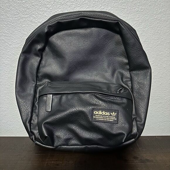Black Leather Adidas Backpack Gold 3 Stripes 12 in - Picture 1 of 6